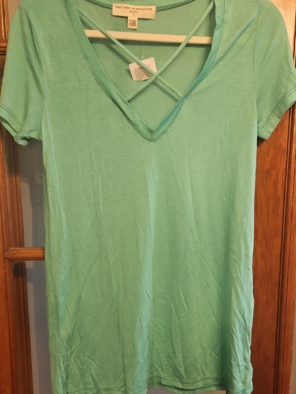 Urban Outfitters Project Social T Mint Green Crisscross V-Neck Short Sleeve Tee